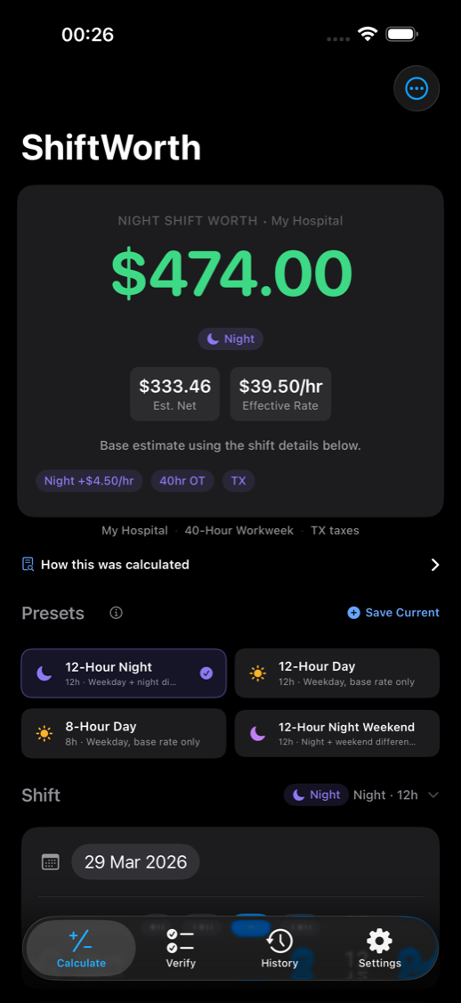 ShiftWorth app showing a $474.00 night shift calculation